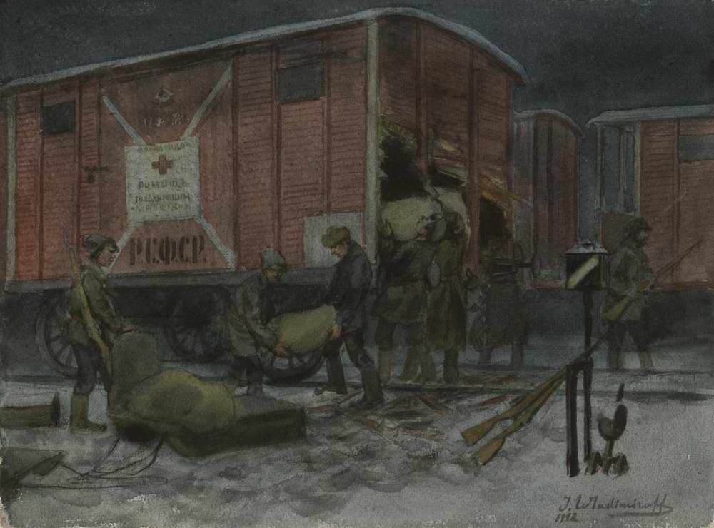 Валдимиров И. Ночное разграбление вагона с помощью от Красного креста (1922).jpg